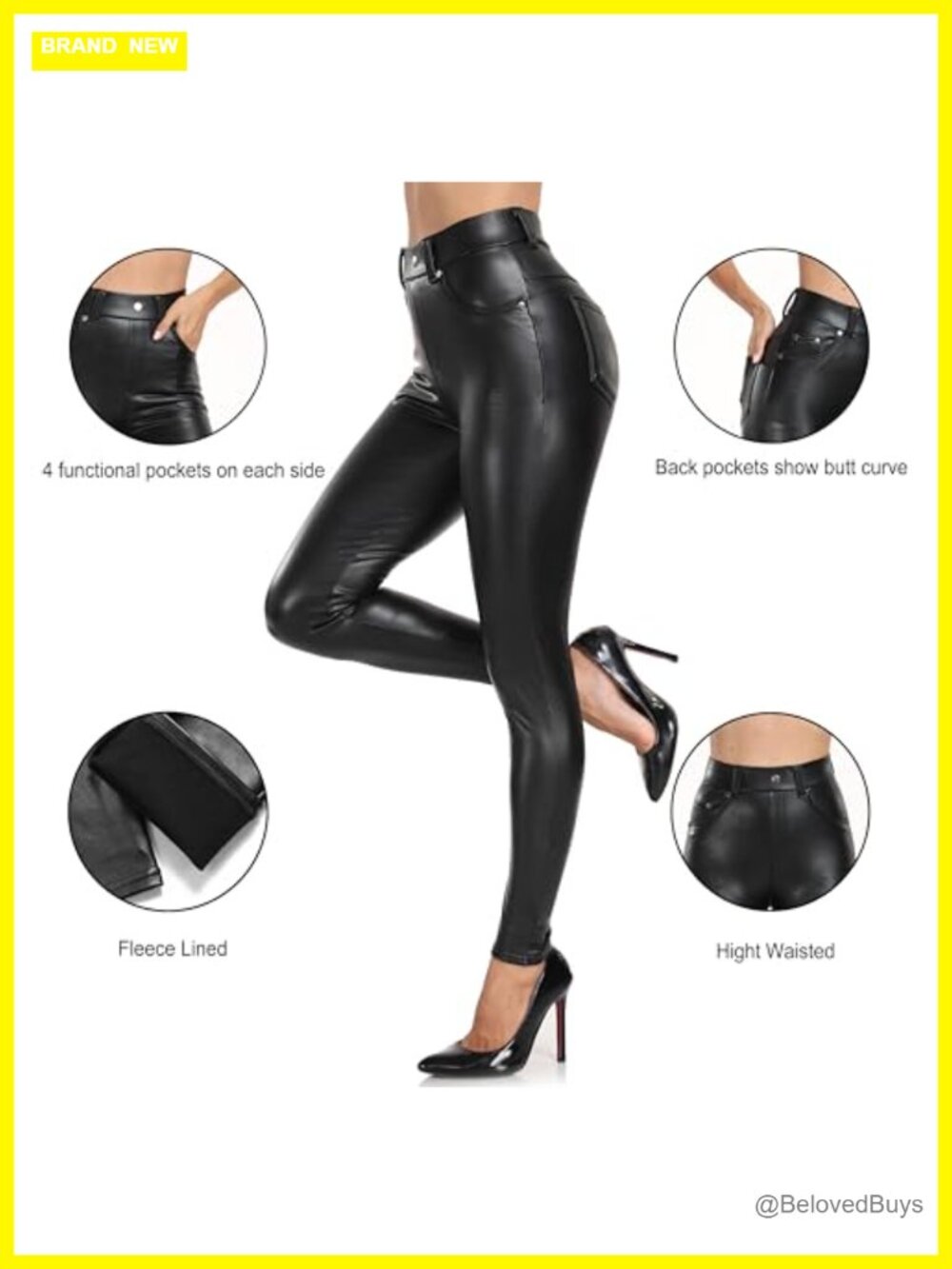 VOGUEMAX Women's Faux Leather Leggings with Pockets Fleece Lined - Picture 5 of 5